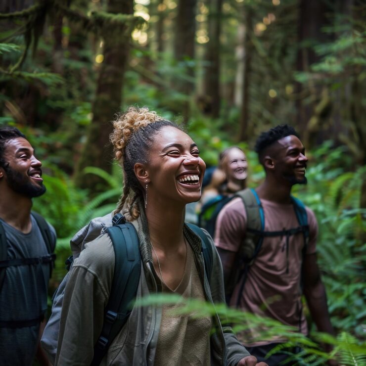 Friends hiking through wild nature trails