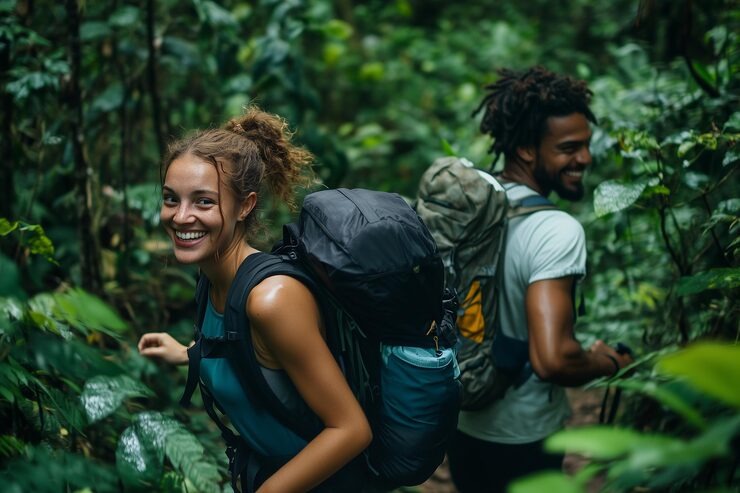 Young couple hiking through lush forest trail