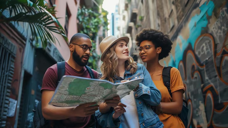 Three friends exploring a new city with a map